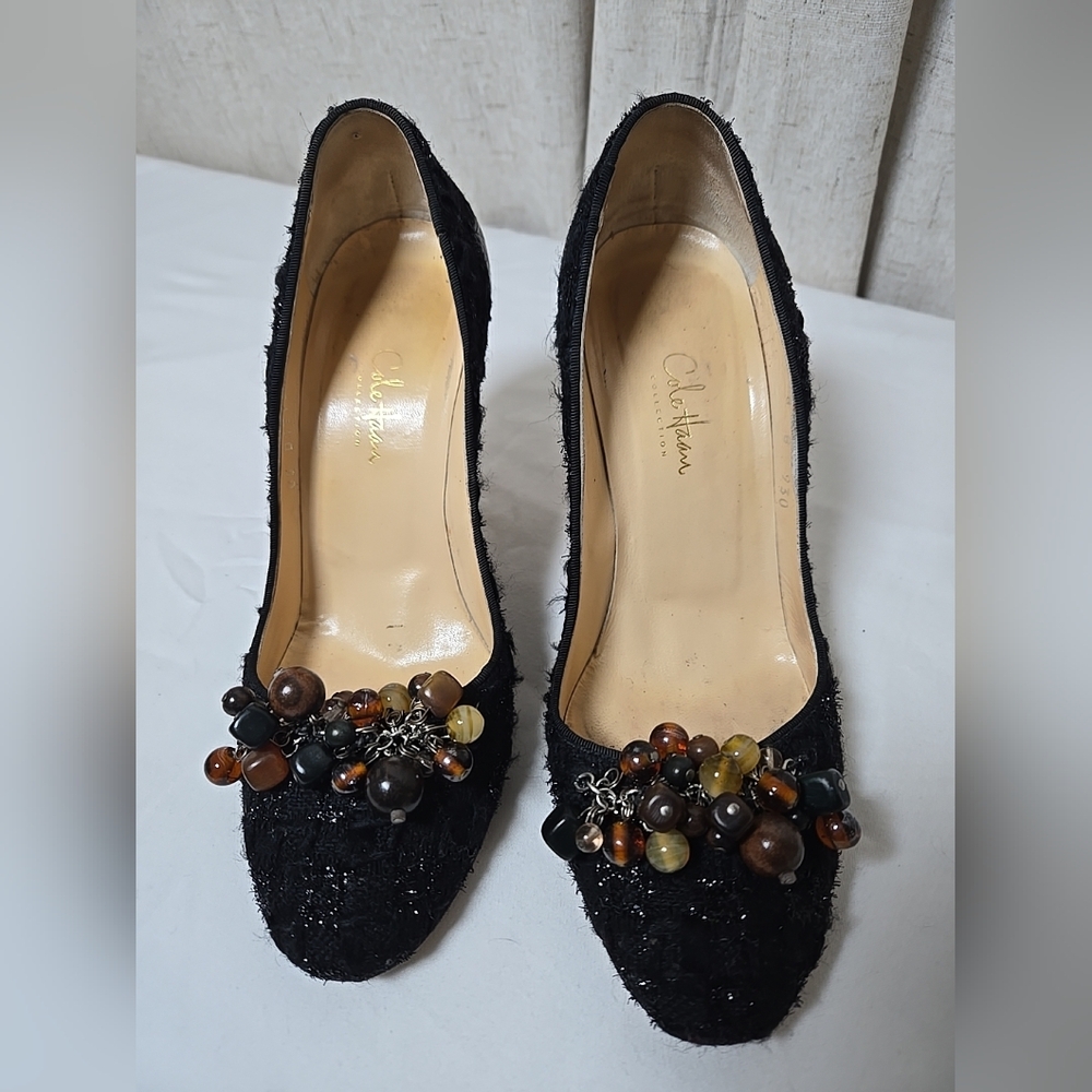 Cole Haan Black Tweed/Leather Retro Heels With Bead Accent Size 8